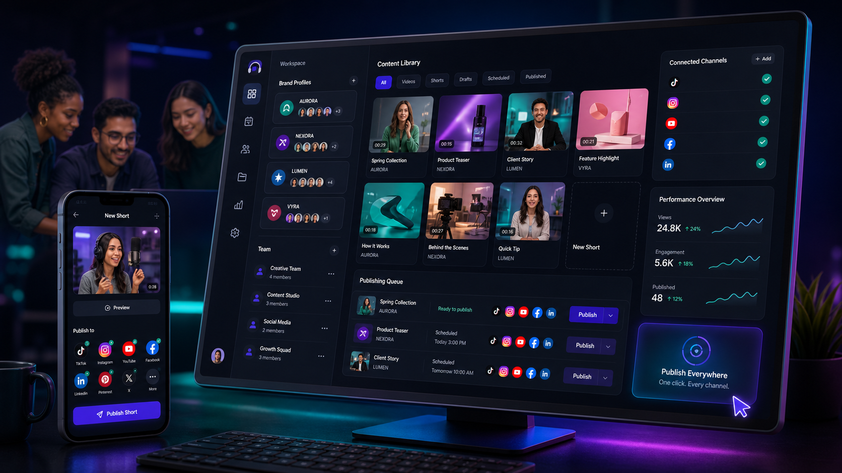 Agency dashboard managing multiple client brands, team members, shared assets, and social publishing