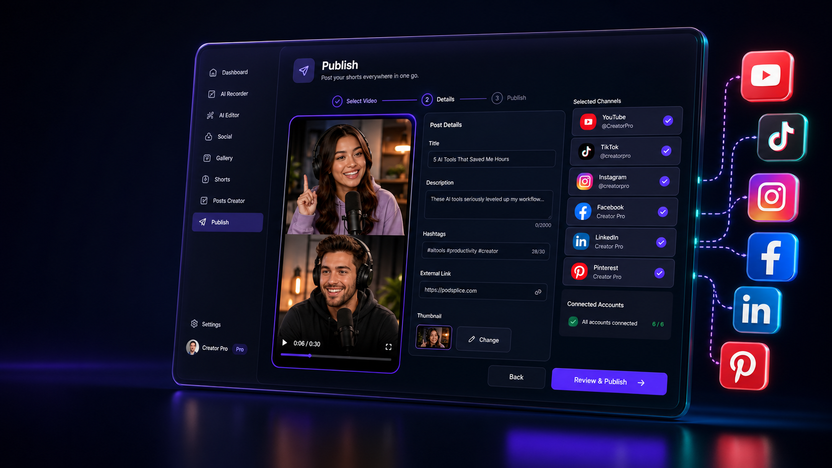 Podsplice social publishing workflow for posting shorts to multiple platforms